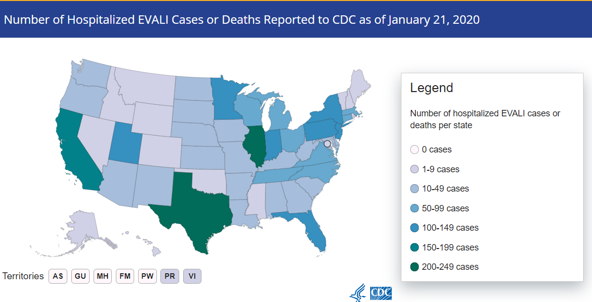 CDC national map of EVALI cases as of January 21, 2020