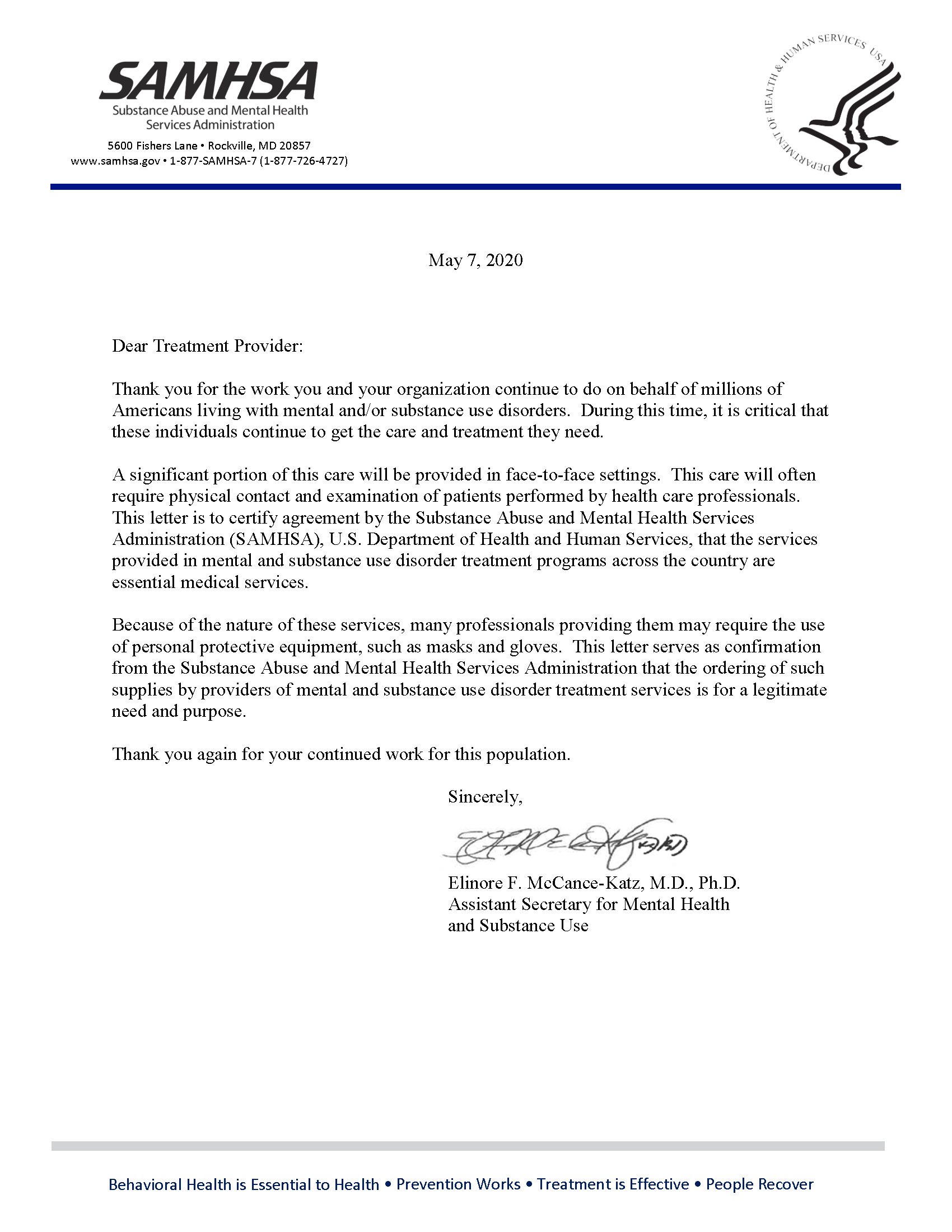 SAMHSA Letter to Treatment Providers