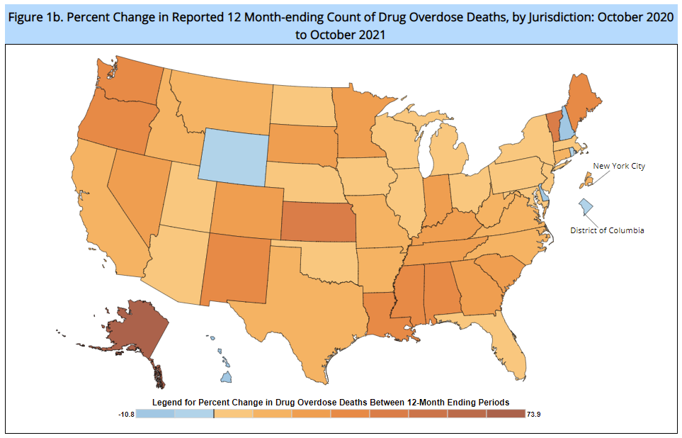 Percent change in reported overdose deaths by state, October 2020 to October 2021