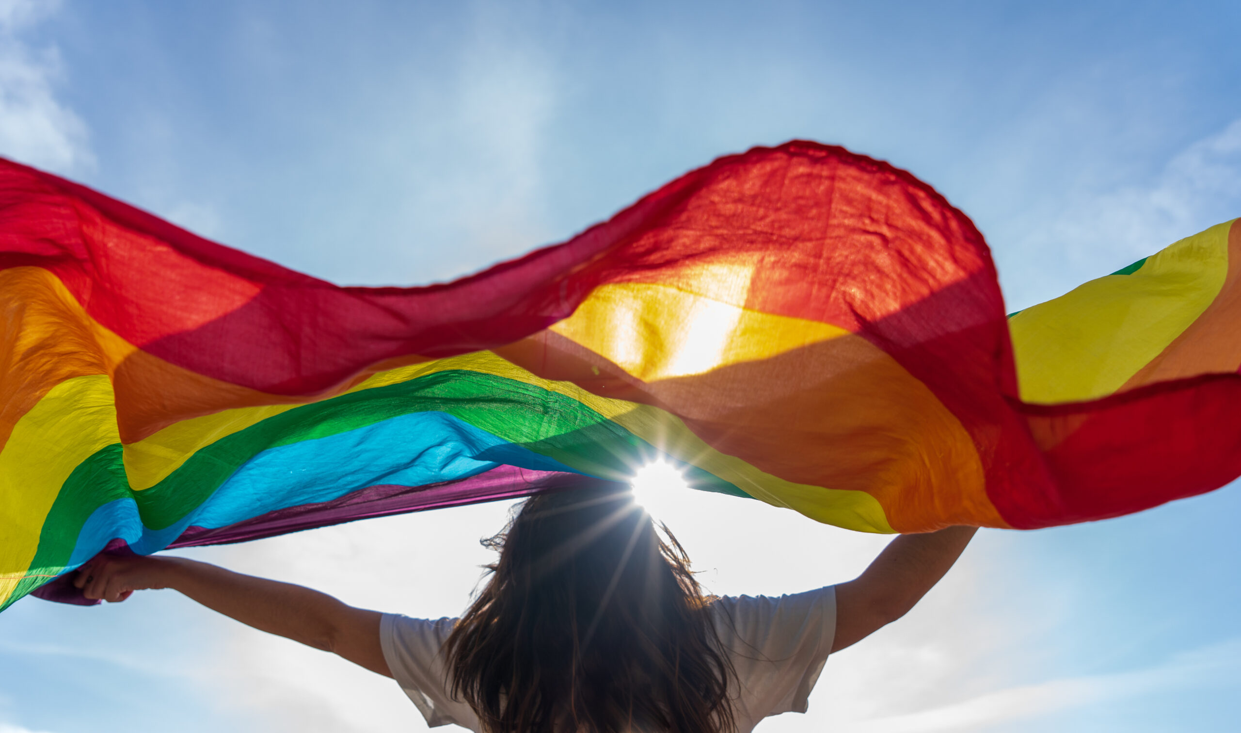 girl holding rainbow flag