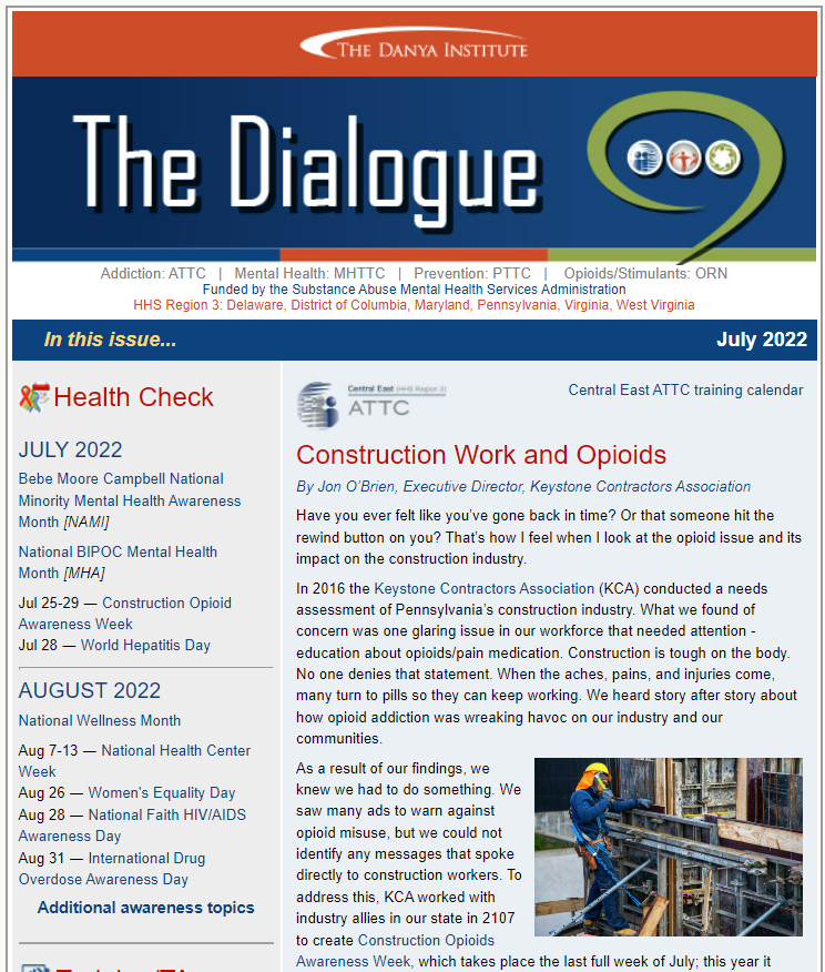 Dialogue eNewsletter thumbnail July 2022, Central East ATTC