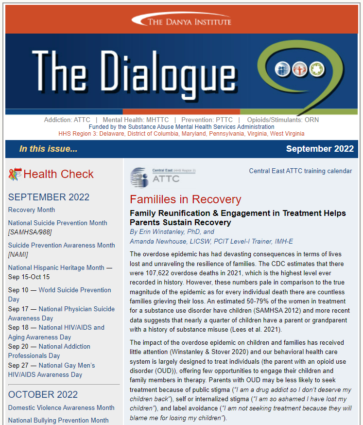 September 2022 Dialogue eNewsletter thumbnail showing the Central East ATTC article: Families in Recovery
