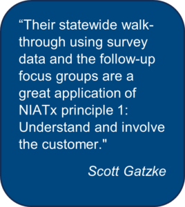 Rectangle: Rounded Corners: “Their statewide walk-through using survey data and the follow-up focus groups are a great application of NIATx principle 1: Understand and involve the customer."  Scott Gatzke