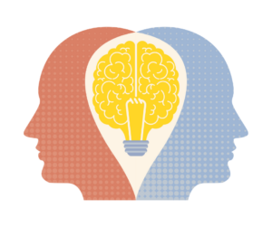 Illustration of two minds overlapping with a lightbulb indicating inspiration and thoughtfulness